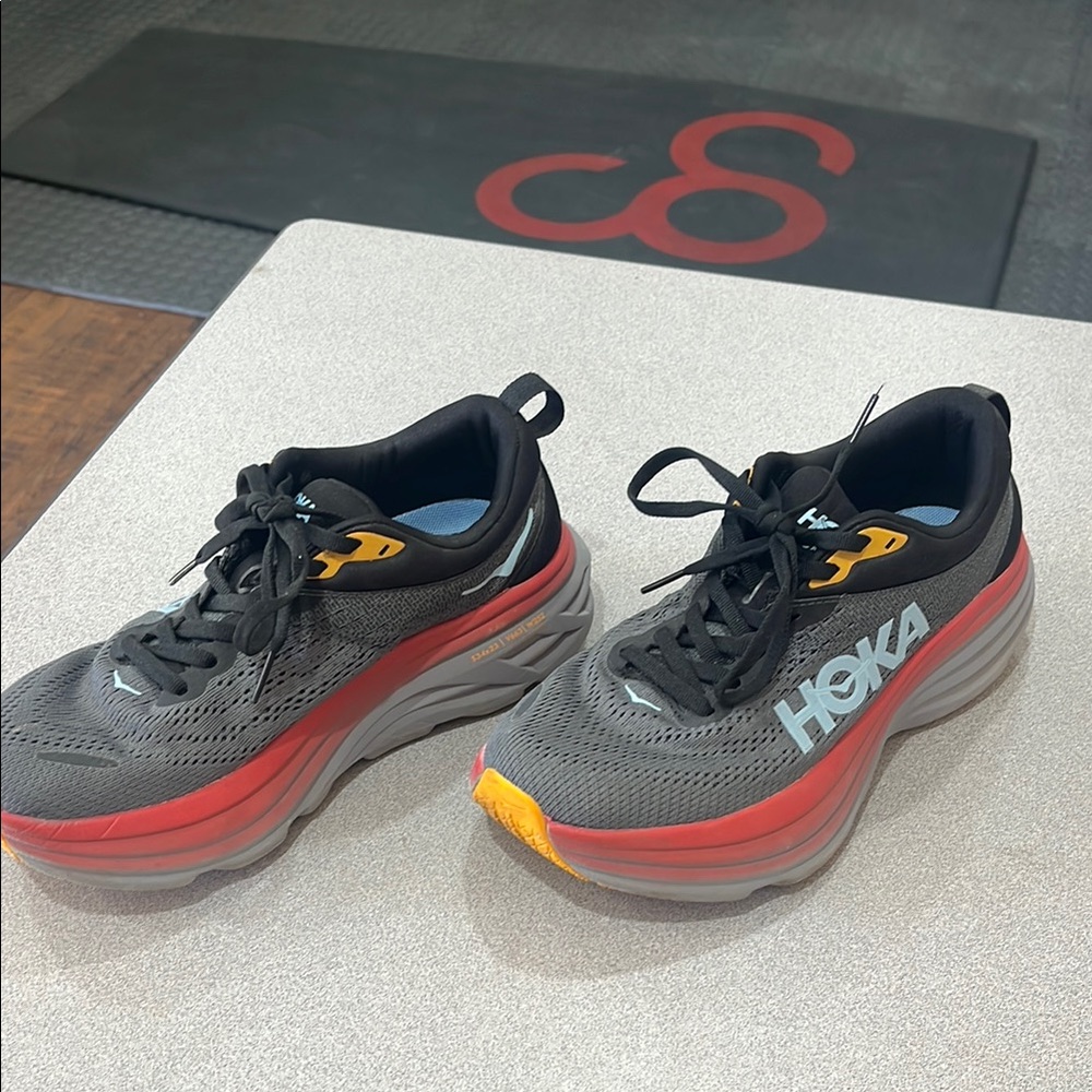 Hoka Gray and Red Running Shoes